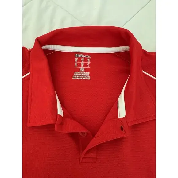 Wilson Polo Shirt Mens Medium Red Navy Team Jersey Golf Tennis Collared 3 Button - Picture 2 of 9